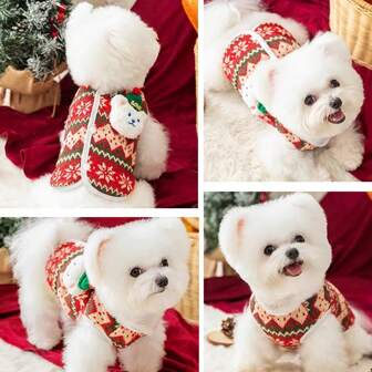 一件加厚圣诞风格狗狗背心，适合贵宾犬、泰迪犬、比熊犬、约克夏梗犬、雪纳瑞犬和其他小型犬。