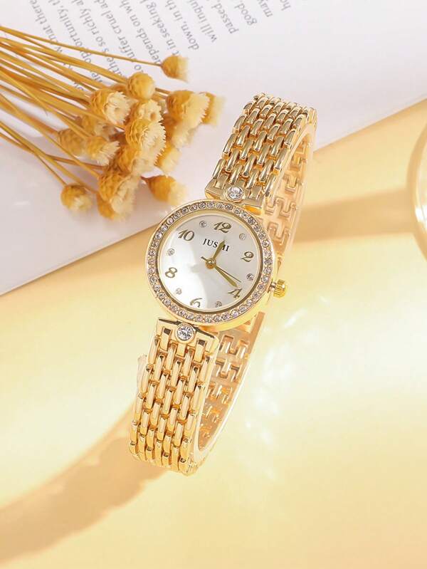 1pc Fashionable Round Dial Quartz Watch For Women, Elegant Luxury Rhinestone Decorated Dial, Suitable For Daily Wear, School, Gift, Wedding, Office And Other Occasions