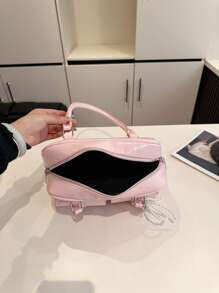 1pc Faux Leather Solid Color Vintage Multi-Pocket Large Capacity Women's Shoulder Bag, Comes With Accessory Charm (Accessory Charm May Vary Slightly By Batch) - Pink - View 7