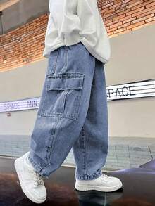 Tween Boy 时尚直筒休闲牛仔裤 - 深色水洗藍 - 查看 4