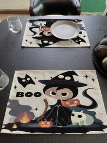 1 pieza/4 piezas/6 piezas/48 piezas Manteles individuales con estampado de bruja, manteles individuales de Halloween, decoración de otoño y Halloween para el hogar, estilo moderno, material similar al lino, decoración de interiores y exteriores para fiestas de Halloween, decoración con tema de Halloween, decoración de habitaciones. Adecuado para la decoración de la cocina del hogar y la decoración de fiestas de Halloween.