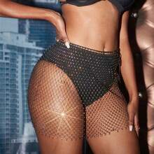 FestivalQueen Women's Rhinestone Mesh Hollow Out Mini Skirt Glitter Crystal Fishnet Grid Cover Up See Through Solid Empire Adjus - màu đen - Xem 4