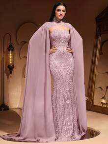 New Luxury High-End Elegant Women's Mermaid Tail Lace Patchwork Chiffon Flare Sleeve Floor-Length Dress, Suitable For Formal Evening Parties, Galas, Weddings, Red Carpet Events, Bridal Gowns, For Valentine's Day - 淺粉色 - 查看 6