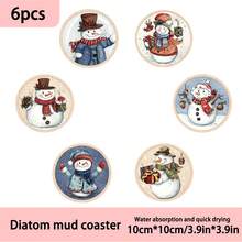 1 set/4 piezas/6 piezas Regalos de Navidad y posavasos de barro de diatomeas con diseño de muñeco de nieve, posavasos de café, decoración multiocasión para el hogar y restaurante, regalos diarios, decoración de mesa, decoración diaria, decoración de fiesta temática, como regalos de Navidad