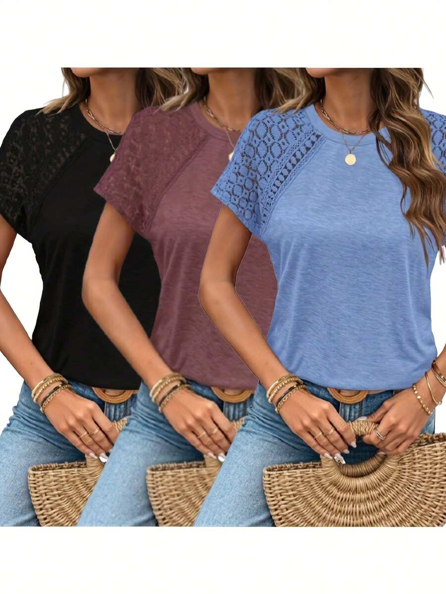 3pcs Women's Summer Blouse Set, Elegant Casual Work Top, Fashionable Lace Round Neck Short Sleeve T-Shirt