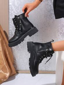 2025新款女士厚底复古百搭英伦风踝靴，适合春秋季 - 黑色 - 查看 5