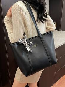 Túi tote PU thời trang màu trơn trang trí khăn quàng cổ, túi đeo vai tối giản cổ điển dung tích lớn, túi xách thường ngày nhiều ngăn phù hợp cho phụ nữ - màu đen - Xem 9