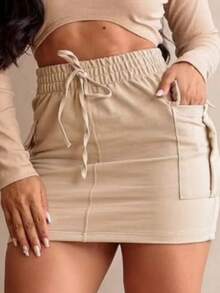 Saia Cargo Moletinho Feminina Cintura Alta e Bolsos Laterais - Bege - Visão 2