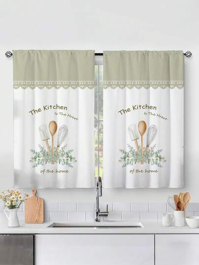 2 piezas Cortinas de cocina con estampado de plantas, sin agujeros, cortinas cortas con estampado de cubertería, aptas para cocina y talla grande escenas