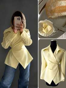 女士优雅浅黄色系带修身薄款西装外套