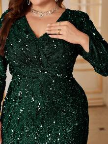 Đầm dạ hội cỡ lớn UNITHORSE dành cho nữ, kiểu dáng thanh lịch, cổ chữ V, tay dài, đính sequin, eo xếp ly, dáng maxi ôm sát, bóng bẩy, thích hợp làm váy cưới, váy dự tiệc sinh nhật, váy tốt nghiệp, trang phục cưới mùa thu xuân dành cho nữ. - Màu xanh lá cây đậm - Xem 6