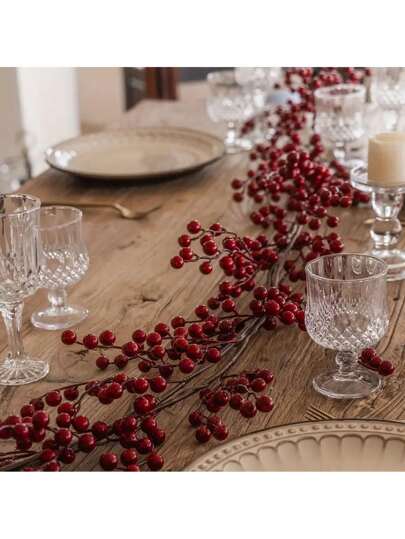 2pcs 78in Christmas Red Berry Garland, Artificial Red Floral Wreath, Suitable For Christmas Tree, Indoor Fireplace Decor, Christmas Atmosphere Decoration, Theme Party Background, Home Decor, Dining Table Center Piece, Holiday Celebration, Porch Hanging