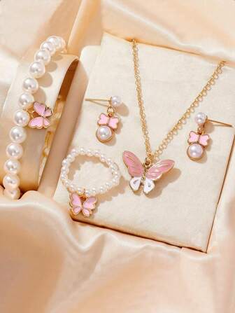 5pcs/Set Girls Cute Butterfly & Pearl Jewelry Set, Elegant Versatile Bracelet, Necklace, Ring, Earrings