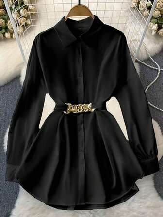 Women's Metal Chain Waist Belt Lantern Sleeve Long Sleeve Shirt, Elegant And Fashionable