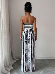 女士休闲优雅露背系带连体裤，波西米亚风格，适合海滩、度假、旅行、夏季和返校季穿着 - 黑與白 - 查看 2