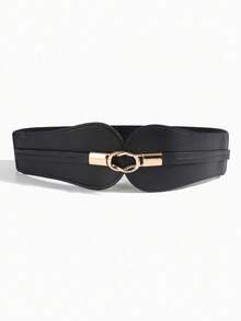 1pc European & American Style Metal Double Buckle Elastic Waist Belt, Fashion Versatile Waist Cincher - Black - View 4