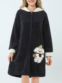 Pijama Invierno para Mujer, Pijamas Polar con Manga Larga, Pijama Grueso con Capucha, Diseño de Bordado con Apliques - Negro - Ver 4