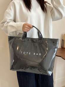 Túi mua sắm bằng nhựa PVC chống thấm nước trong suốt thời trang dung tích lớn, túi tote phong cách trung tính Hàn Quốc, túi tote phong cách hipster đường phố giản dị thời trang INS, túi xách kiểu Nhật Bản, phù hợp cho học sinh trung học và đại học đi học, túi tập gym/yoga/du lịch hoặc túi cho mẹ, túi xách giấy nhiều lớp chất lượng cao cấp in chữ tối giản lấy cảm hứng từ người nổi tiếng kết cấu nhăn - màu đen - Xem 6