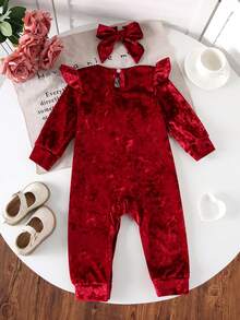 Jumpsuit Bayi Perempuan Warna Burgundy Beludru untuk Musim Gugur/Dingin, Jumpsuit Lengan Panjang Berkerut dengan Hiasan Pita + Bando Pita Polos - Burgundy - View 3