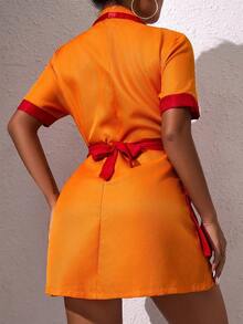 Custom Letter Print Casual Twist Back Tie Strap Dress - Orange - View 7