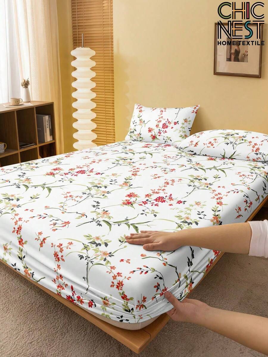1Pc Botanical Floral Flower Pattern Fitted Sheet, Mattress Protector, Love Valentine's Day Mattress Cover For Bed, Bed Sheet, Soft And Breathable, For All Size Bed -Twin, Full, King, Queen Size Sheet Deep Pocket Home Textile. Back School Season, Dormitory Beds - White - View 1