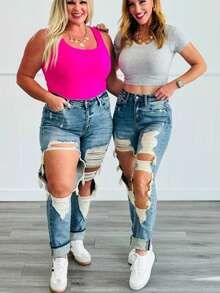 Women's Casual Ripped Washed Denim Jeans Long Tapered Carrot Style With Button And Zipper Details, High Stretch Fabric For Sexy Elegant Look - 中等水洗藍 - 查看 5