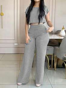Women's Solid Color Casual Elegant Pocket Two Pieces Suit, Spring/Summer - Grey - View 2