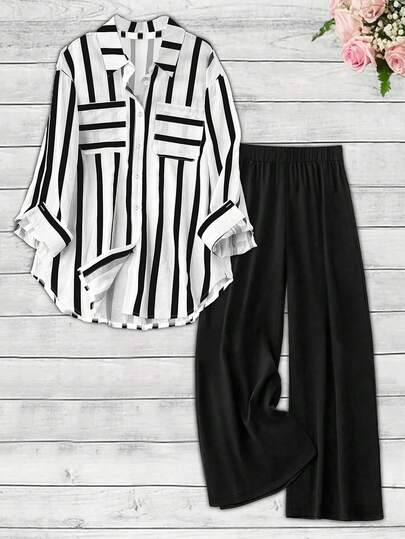 Fashion Casual Loose Black & White Striped Print Pocket Plus Size Women Shirt Wrinkle Texture Loose Solid Color Plus Size Women Pants Plus Size 2 Pieces Set