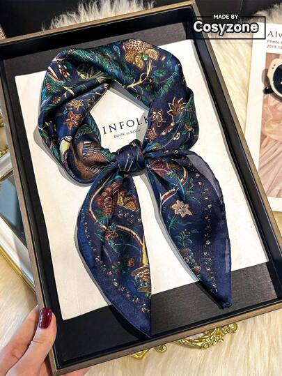 1pc Elegant Floral Print Faux Silk 70cm Square Scarf, Men's Bandana, Versatile Neck Scarf, Head Wrap