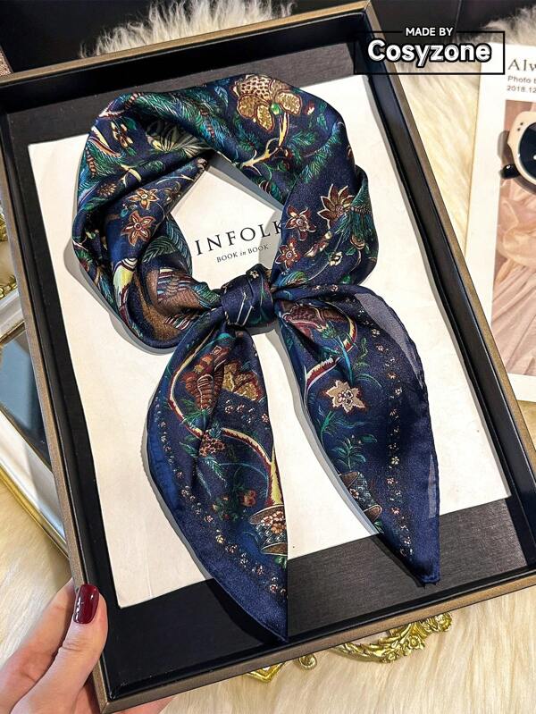 1pc Elegant Floral Print Faux Silk 70cm Square Scarf, Men's Bandana, Versatile Neck Scarf, Head Wrap