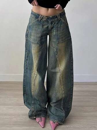 STLY Women's Low-Waist, Non-Stretch, Two-Button, Vintage Classic Denim Trousers, Washed Blue, Suitable For Street, Club, Commuting, All-Season Wear