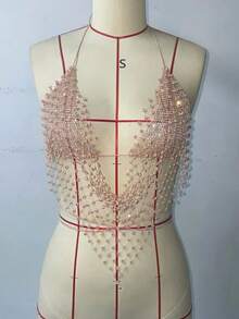 Modisches glänzendes Strass-Rückenfreies Camisole für Frauen Sexy Ausgeschnitten Durchsichtig Tiefer V-Ausschnitt Halterneck Crop Top Party Tanktop