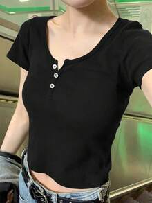 Y2K Style Fitted Solid Color Crew Neck Short Sleeve T-Shirt For Women, Suitable For Back To School, Beach Travel And Casual Wear - Black - View 8