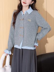 Alicedudu 女士秋冬梭织拼布翻领双排扣毛衣开衫