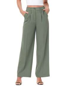 Women's Petite/Regular/Tall 3 Lengths Wrinkle-Free Flowy Office Dress Pants Slacks Breathable Workout Casual Wide Leg Stretchy High Waist Business Trousers - 軍綠色 - 查看 7