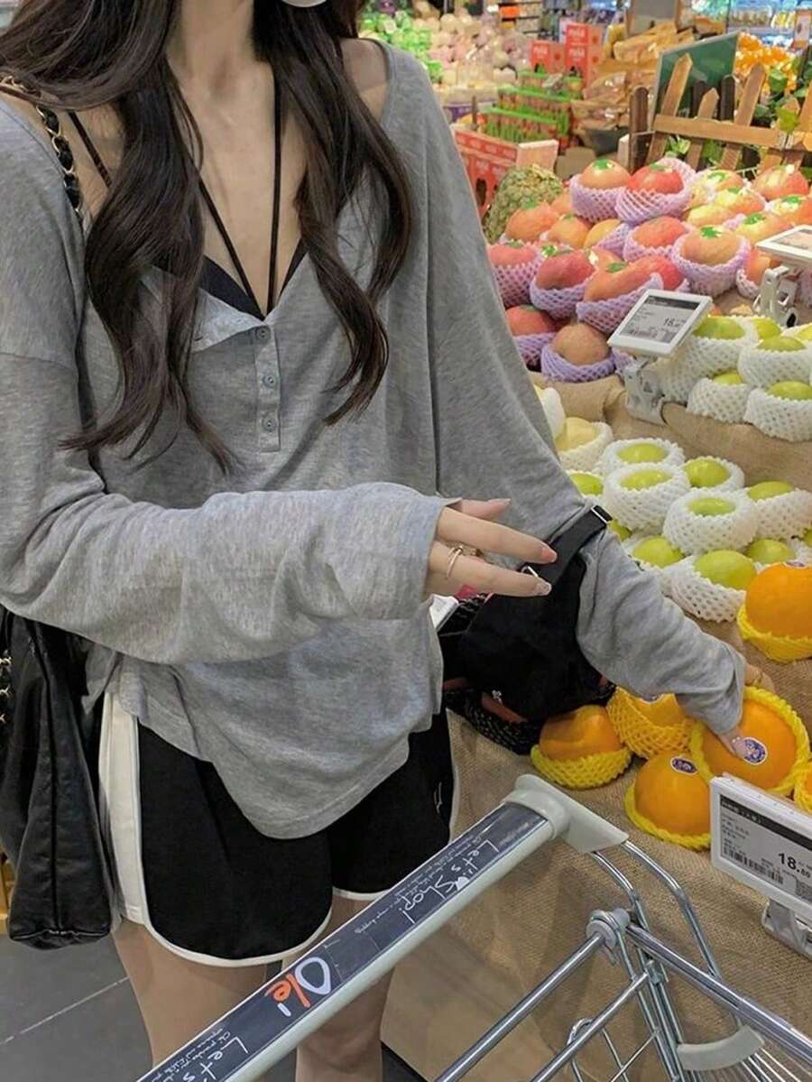 全新轻盈 V 领长袖宽松透视罩衫，灰色，中长款 - 灰色 - 查看 1
