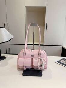 1pc Faux Leather Solid Color Vintage Multi-Pocket Large Capacity Women's Shoulder Bag, Comes With Accessory Charm (Accessory Charm May Vary Slightly By Batch) - Pink - View 5