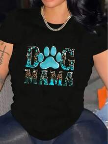 Stylish Dog MaMa Print Crew Neck Short Sleeve Plus Size Women T-Shirt Graphic Tee Cotton Shirt For Everyday Wear 100_ Cotton - 黑色2 - 查看 1