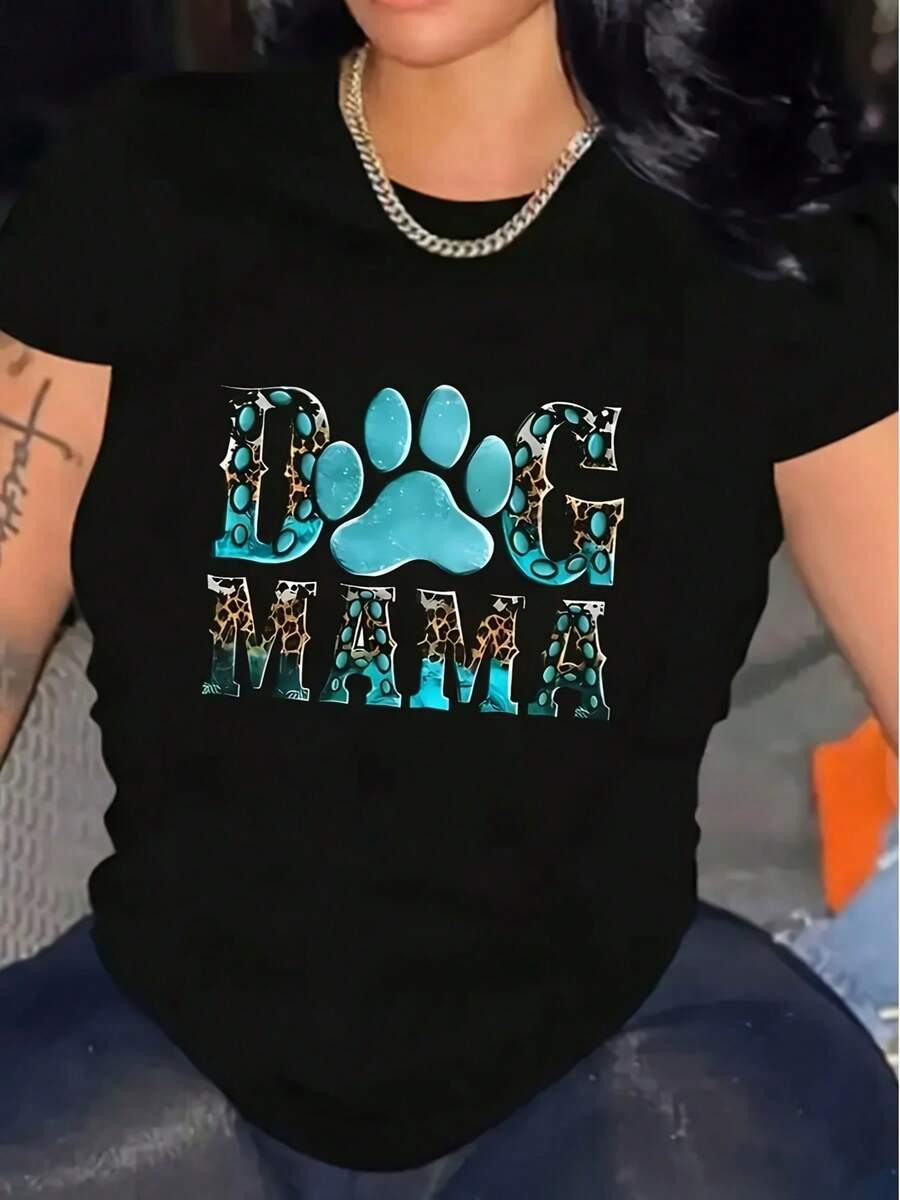 Stylish Dog MaMa Print Crew Neck Short Sleeve Plus Size Women T-Shirt Graphic Tee Cotton Shirt For Everyday Wear 100_ Cotton - 黑色2 - 查看 1