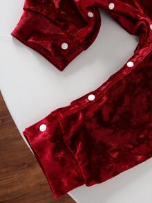 Jumpsuit Bayi Perempuan Warna Burgundy Beludru untuk Musim Gugur/Dingin, Jumpsuit Lengan Panjang Berkerut dengan Hiasan Pita + Bando Pita Polos - Burgundy - View 10