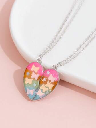 2pcs/Set Girls Best Friends Necklace, Magnetic Matching Heart Pendant BFF Necklace, Children Friendship Jewelry Gift