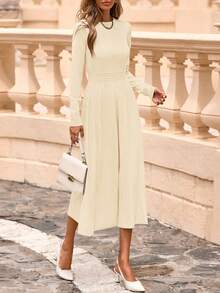 Women's Long Sleeve Midi Sweater Dress  Fall Crewneck Knit A Line Pleated Wedding Guest Winter Dresses - 杏色 - 查看 4