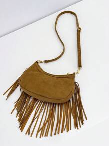 复古棕色流苏包，独特设计，复古西部仿牛仔风格，小众波西米亚斜挎包，用途广泛，适合女性 - 棕色 - 查看 8