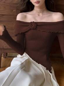 波西米亚风节日派对复古风格露肩纯色 3D 花卉修身长袖套头衫 - 紅棕色 - 查看 8