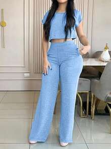 2pcs/Set Women's Casual Elegant Solid Color Outfit With Pockets, Spring/Summer - Light Wash - View 3