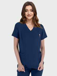 cimmuovere Conjunto de uniforme de mujer con parte superior de manga corta con cuello en V, múltiples bolsillos y bajo con abertura, talla grande pantalón de uniforme liso para enfermeras, dentistas, personal de salud, veterinaria y laboratorio
