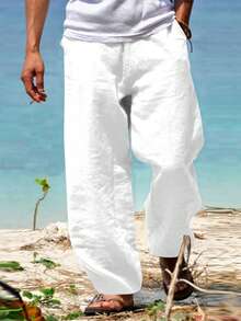 Men's Casual Cotton Linen Pants Solid Color Drawstring Waistband Wide Leg Beach Trousers - 白色 - 查看 1