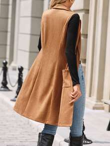 Chaleco sin mangas largo para mujer, blazer casual de ajuste elegante y delgado para ir al trabajo, primavera/otoño - Caqui - Ver 2