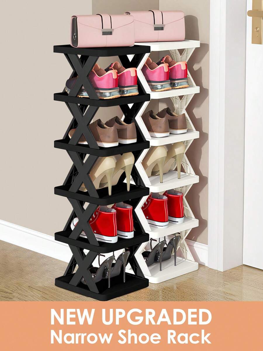 9/6 Tier Vertical Shoe Stand Space Saving Narrow Shoe Rack, Small Shoe Shelf, DIY Free Standing Shoes Storage Organizer For Entryway, Closet, Hallway, Easy Assembly And Stable In Structure, Black & White, Plastic Material, Consumables - 黑色+白色 - 查看 1