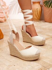 Women's Round Toe Platform Thick Heel White Lace-Up Bohemian Style Casual Beach Vacation Sandals, Spring/Autumn - White - View 5